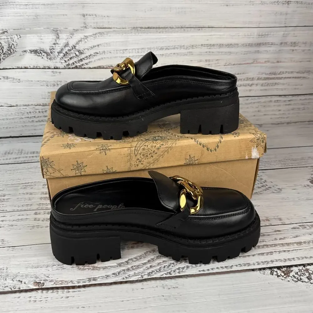 Free People Lyra Link Womens US 8.5 Mule Loafer Shoes Black Gold